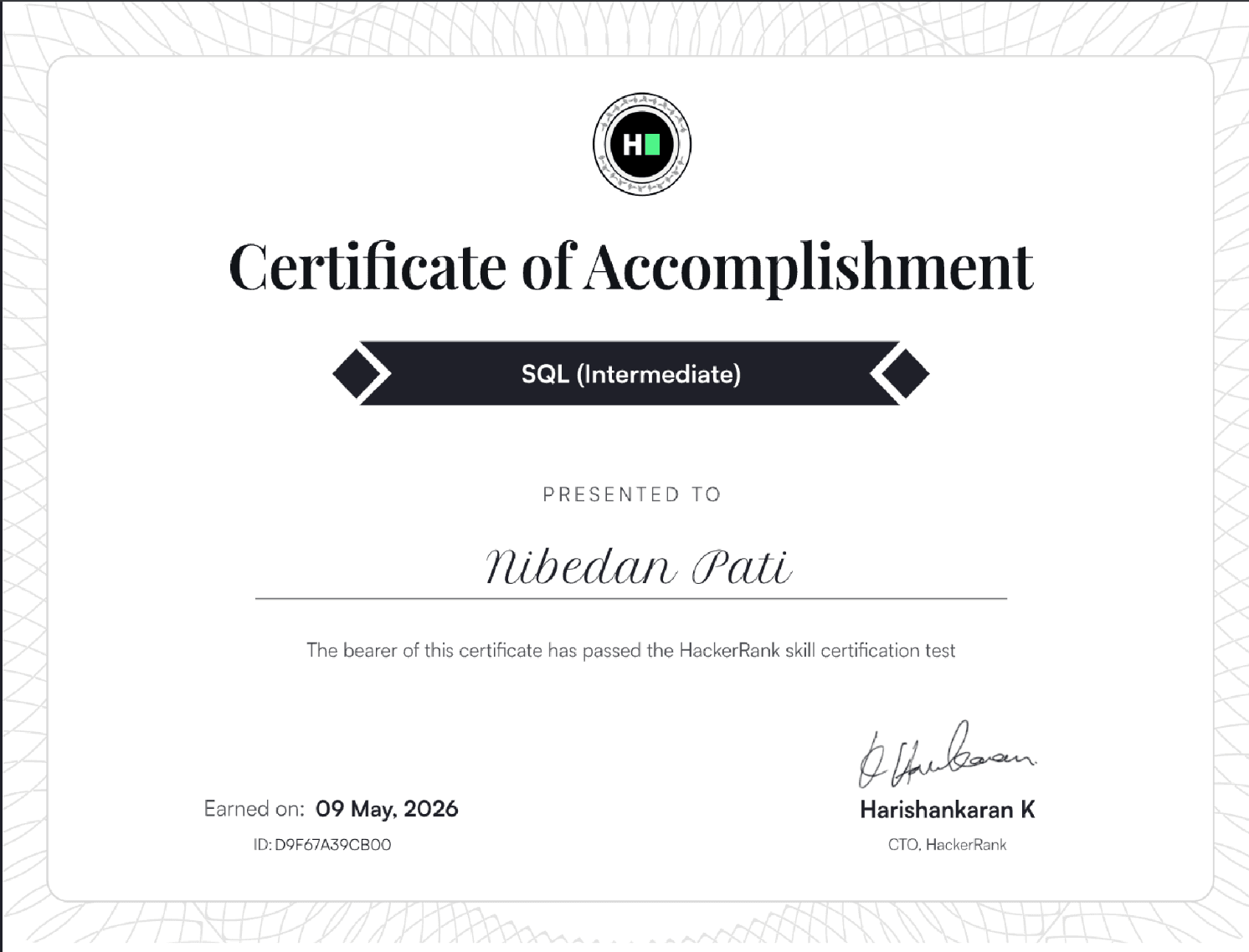 SQL (Intermediate) Certificate certificate